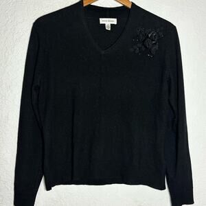 Vintage David Brooks Black Silk Cashmere Sweater V Neck 3D Floral Rosettes